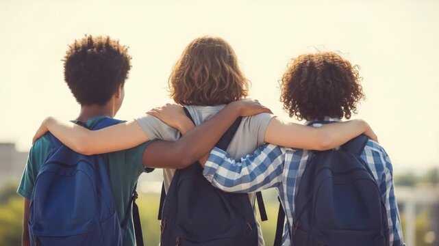 Three young friends with their arms around each other outdoors in casual clothing