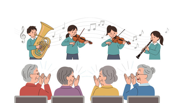 Children performing a musical concert with tuba, violin, and clarinet for a group of appreciative clapping elderly people.