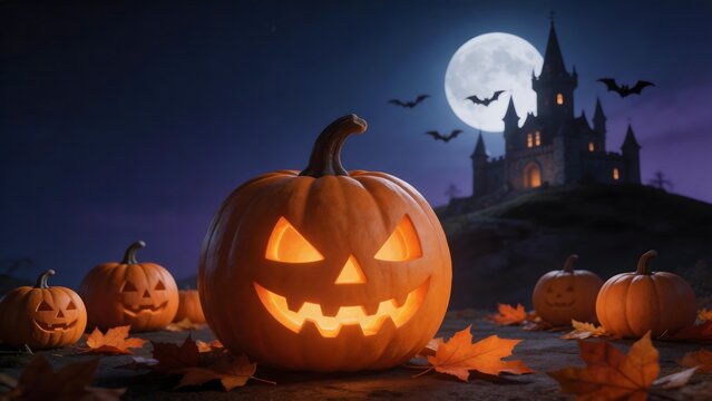 Halloween pumpkin with castle and moon