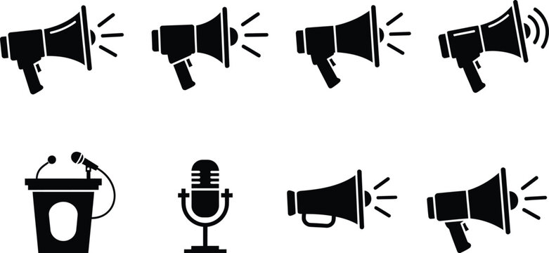 A collection of black silhouette icons depicting various audio communication devices including megaphones and microphones