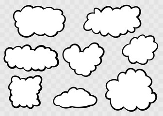 Obraz premium Vector set of black ink hand drawn cloud speech bubbles and fluffy frames. Cute outline doodle elements isolated on transparent background for messages, comics and creative design projects.