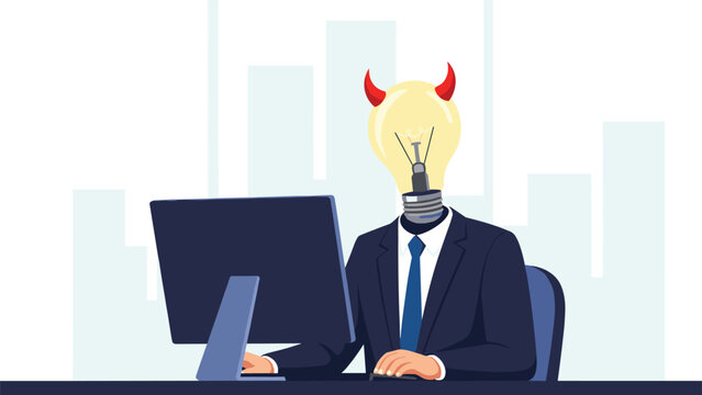 Evil genius or unethical business idea concept with a professional having a lightbulb head with red devil horns.