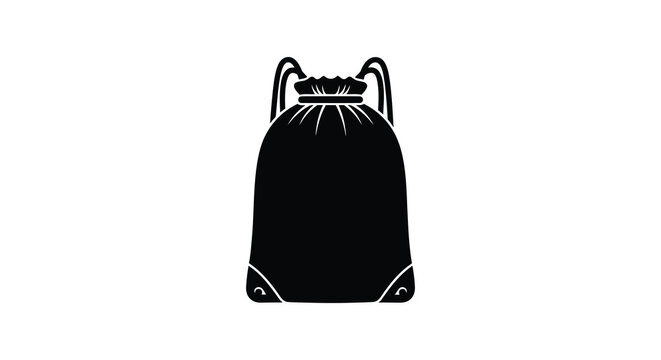 A minimalist black silhouette depicts a drawstring sack backpack with defined straps and a rounded base silhouette