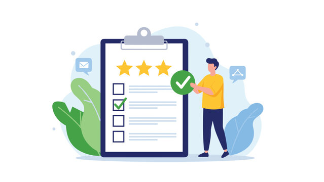 Customer providing positive feedback by placing a green check mark on a large rating board with three golden stars.