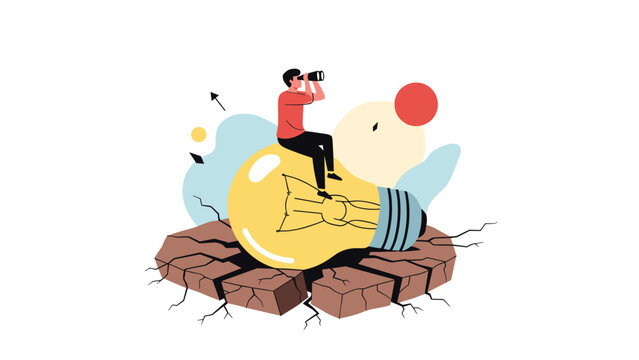 Creative thinker sitting on a large light bulb using binoculars to find solutions and navigate through difficult times.