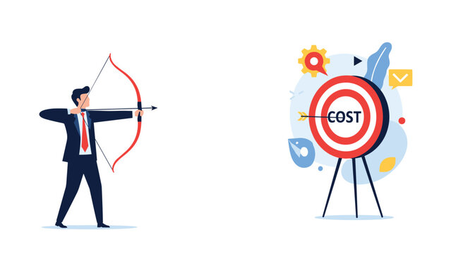 Financial manager aiming a bow and arrow at a target labeled cost to represent budget cutting and expense reduction.