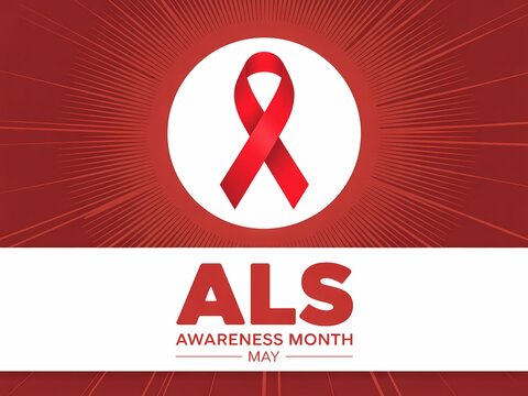 Als awareness month, may vector illustration with red ribbon symbol for amyotrophic lateral sclerosis awareness