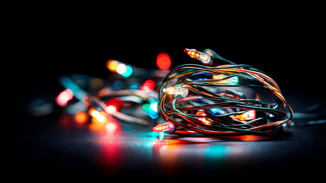 Colorful holiday lights tangled in a festive display