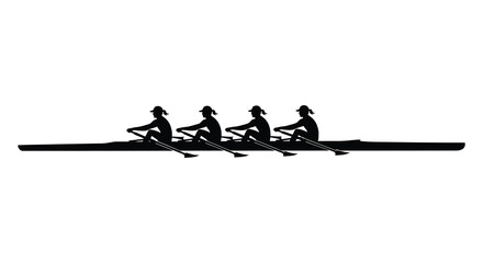 A team of four rowers in a racing shell move across the water captured as a striking silhouette © jivect02