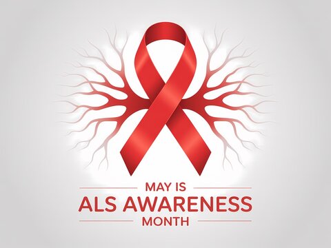 Red awareness ribbon with tree branch roots design for als awareness month