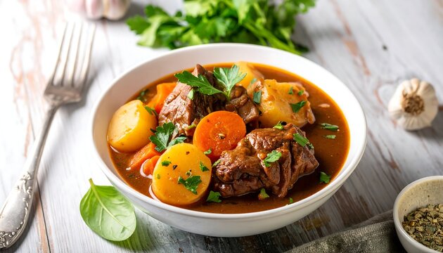 Hearty Beef Stew with Vegetables in a White Bowl.