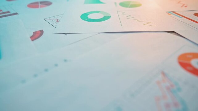 Reports and sheets with various charts and graphs are arranged on a surface, highlighting distinct patterns and trends in financial data