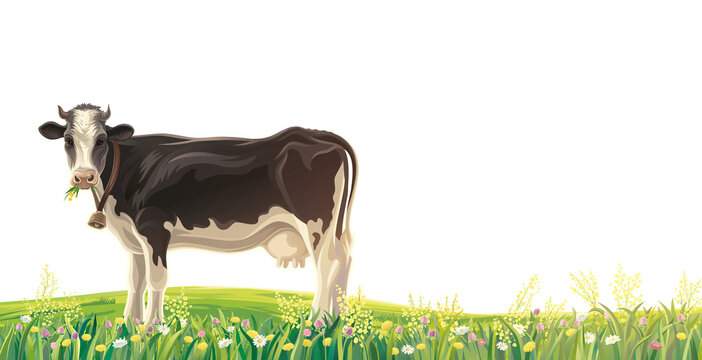 Morning rural landscape with a cow.
Cow,  standing in a meadow, the background of а rural landscape and looking at the viewer.  Raster illustration