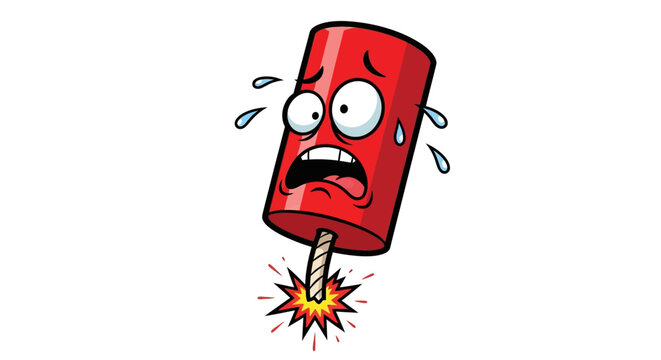 Scared Red Firecracker Cartoon Character With Burning Fuse and Sweat Drops