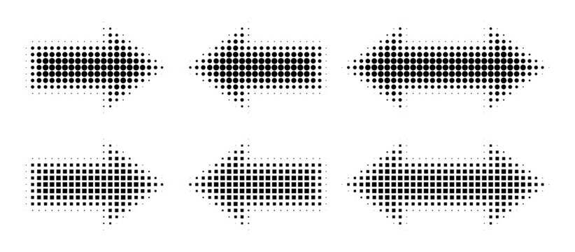 Dynamic arrow icons with halftone gradient effects. Modern digital vector set featuring directional symbols with dot pattern textures for graphic design projects.