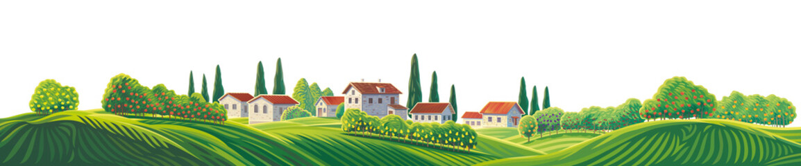 Obraz premium Illustration of a rural landscape in a panoramic format. The scene includes orchards, a village, and green hills.