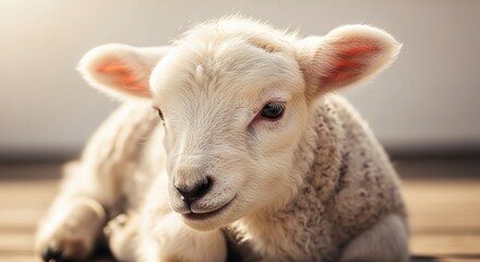 Fototapeta premium Close-up of a fluffy white lamb resting on a wooden surface in soft natural light