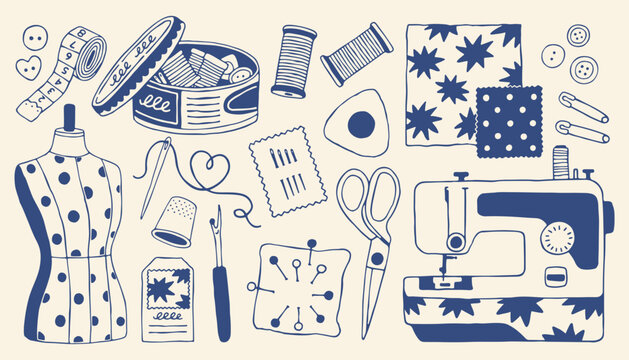 Hand drawn vector sewing kit set in Mediterranean blue. Features sewing machine, mannequin, scissors, and tools. Vintage craft icons for tailor shop, DIY atelier, and needlework hobby design