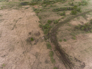 Naklejka premium Aerial view of a dirt path winding through dry grass and sparse shrubs