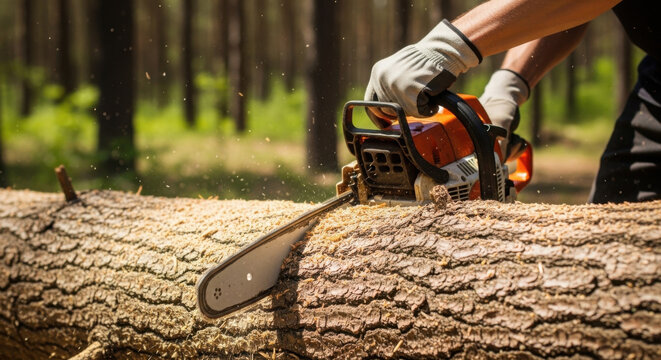 Man using chainsaw to cut fallen tree in forest during daytime  