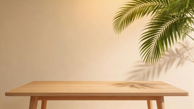 Wooden table with palm leaf shadow