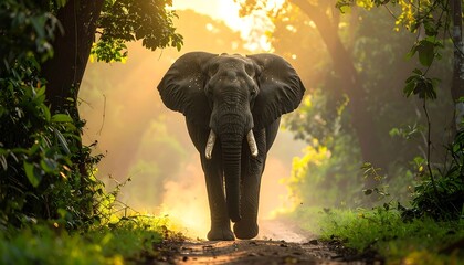 Fototapeta premium Majestic Elephant Strolling Through Lush Forest Sunlight.