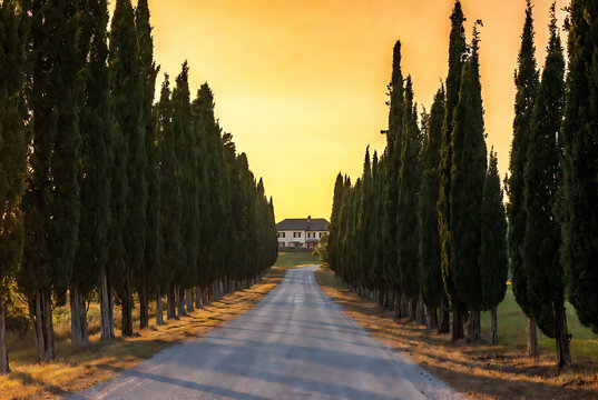 A long, gravel road lined with cypress trees leads to a house in Tuscany at sunset.