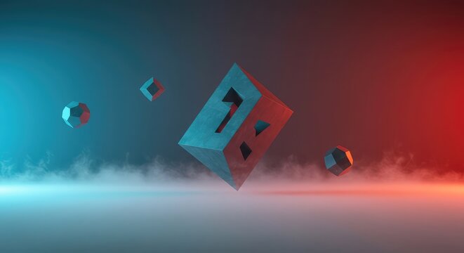 Abstract surreal background featuring impossible floating geometric structures bathed in vibrant atmospheric light and thick fog, impossible, digital, psychedelic