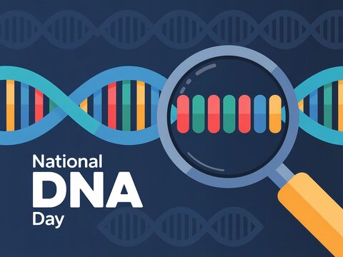 National dna day illustration with a magnifying glass over a double helix strand