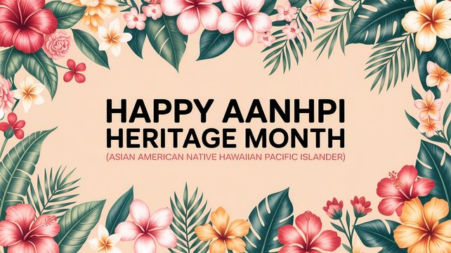 Happy aanhpi heritage month greeting card with tropical flowers and palm leaves frame on a soft peach background