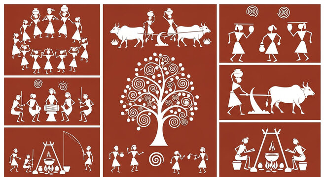 Warli art digital collection featuring traditional Indian tribal stick figure illustrations, depicting daily life scenes such as dancing, farming, hunting, and village activities, minimal folk art.