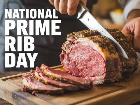 Chef slicing a herbcrusted prime rib roast on a wooden cutting board