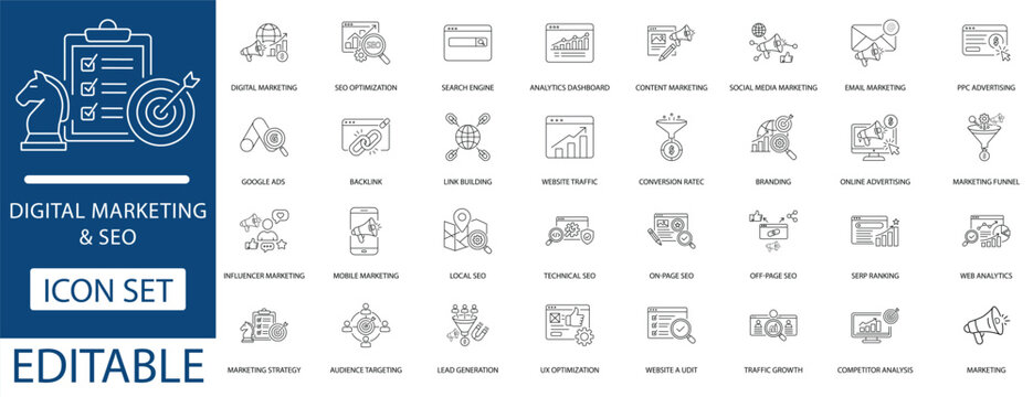Digital marketing and SEO icon set including strategy, social media, web analytics, and online advertising line icons. Professional editable vector elements for business.