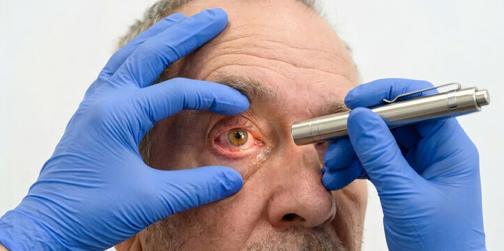 Medical professional hand in blue glove using penlight to examine red watery eye condition on elderly patient for ophthalmology diagnosis