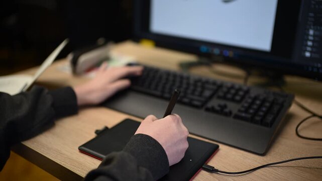 Person using graphic tablet connected to computer for digital design work