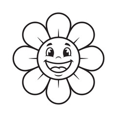 Fototapeta premium Smiling Flower Face, Cartoon Petal Character, Black Line Art, Vector Illustration, Emoticon Design