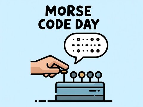 Morse code day illustration with hand pressing a telegraph key and message bubble