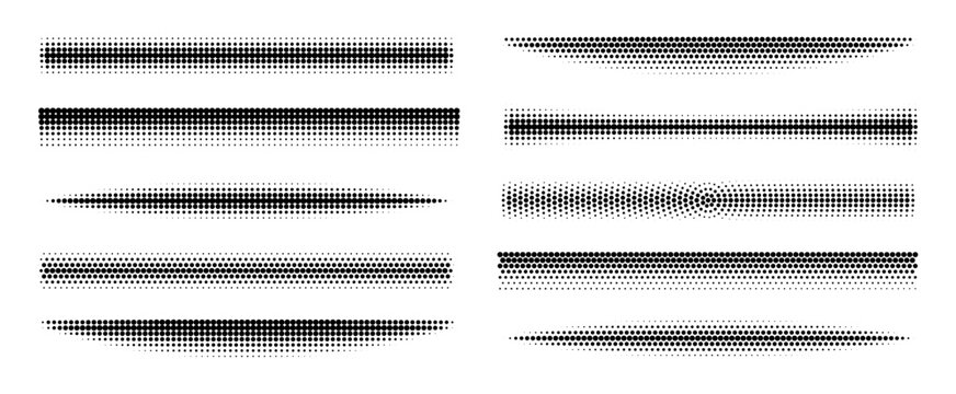 Halftone line dividers with dot pattern texture. Gradient borders and faded edges for modern graphic design. Creative vector separator collection.