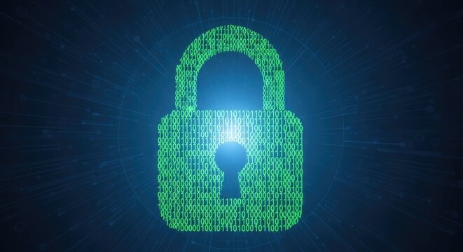 Digital padlock formed from green binary code glowing against a dark abstract background