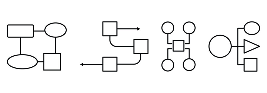 Flowchart icon set with hierarchy structure in outline, and hand-drawn styles.  Abstract circular flowchart diagram with arrows and shapes connecting elements in communication concept. 