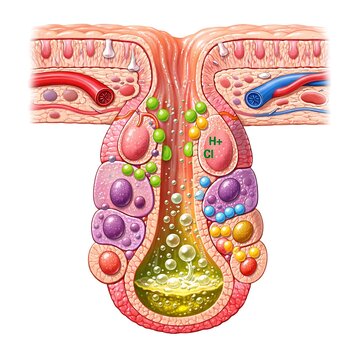 Human stomach gastric pit anatomy illustration with parietal cells secreting hydrochloric acid and digestive enzymes