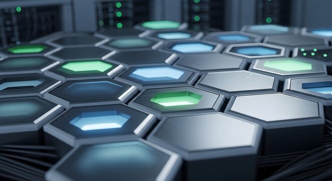 Interlocking hexagonal data modules glowing with blue and green light, representing futuristic technology and digital connections.