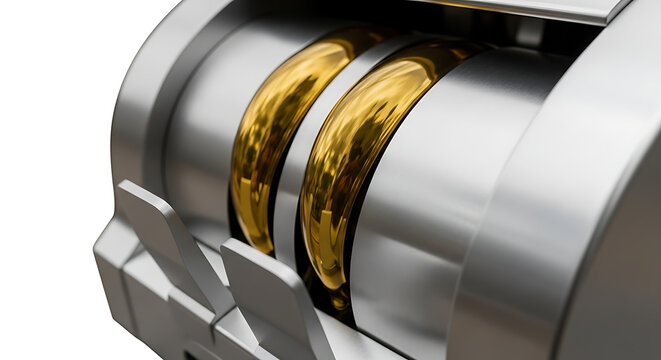 Close-up detail of two shiny golden rings inside a metallic industrial mechanism, precision engineering, mechanical components, high-tech manufacturing