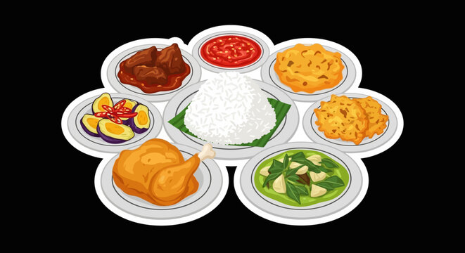 A diverse and delicious spread of Indonesian cuisine, featuring fried chicken, rice, and various traditional side dishes