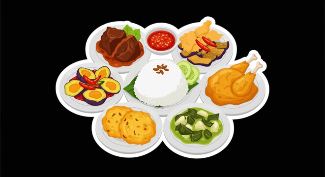 A Delicious Assortment of Indonesian Cuisine Featuring Rice, Chicken, and Various Side Dishes