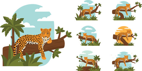 Leopard in jungle vector set wild safari animal resting on tree tropical nature illustration collection design © MdNipon
