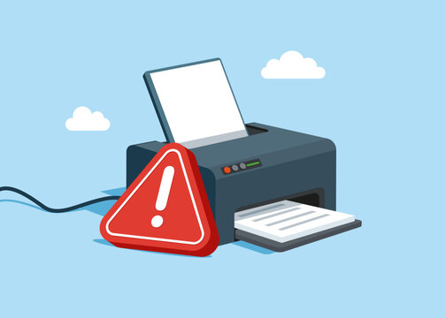 Office laser printer with an exclamation mark of attention.  Error in printout and paper copy device. Flat vector illustration