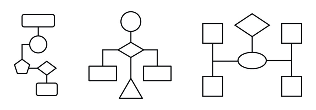 Workflow icons set. Includes process, steps, automation, tasks, and flowchart symbols. Structural flow diagrams, flowcharts and flowing process structures. Vector infographics elements.