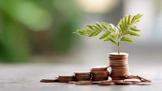 Financial growth concept with plant on coin stacks