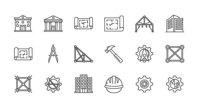 A collection of linear icons representing architectural designs tools and building structures